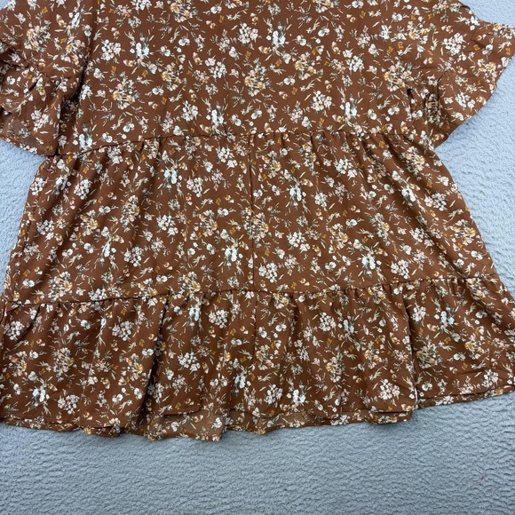 Emery Rose Dress Womens XL Brown Floral Short Sleeve Ruffle Hem Swing V-Neck - Picture 6 of 13